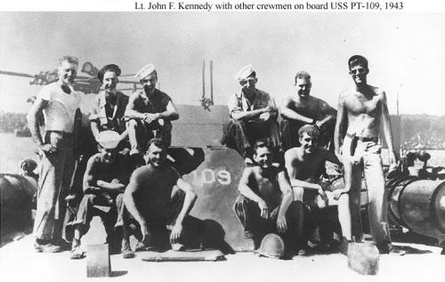 Lieutenant (jg) John F. Kennedy, USNR, aboard PT-109 With other crewmen on board USS PT-109, 194