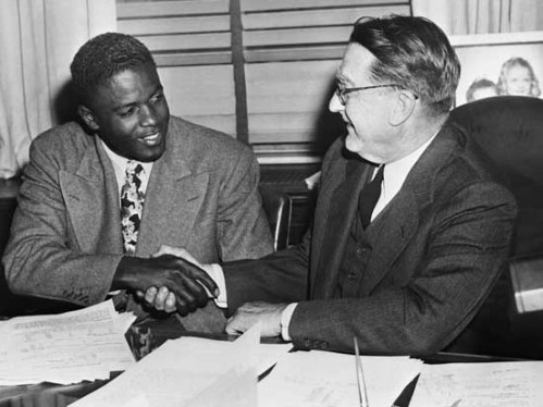 Jackie Robinson Shaking Branch Rickey's Hand
