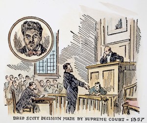 ROGER B. TANEY (1777-1864).  Roger Taney, Chief Justice of the U.S. Supreme Court, handing down his decision on the Dred Scott case, 1857. American illustration.