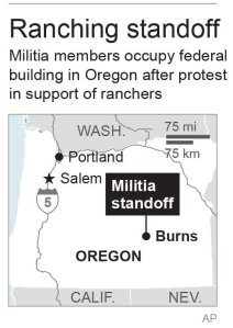 Map locates Burns, Oregon, where protestors occupied a national wildlife refuge building; 1c x 2 1/2 inches; 46.5 mm x 63 mm;