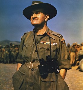 Field Marshal William Joseph Slim, 1st Viscount Slim, KG, GCB, GCMG, GCVO, GBE, DSO, MC (6 August 1891 - 14 December 1970).   Photo possibly taken in Burma where in March 1942 he was given command of 1st Burma Corps (or BurCorps) which was being attacked by the Japanese.  He was a British military commander and the 13th Governor-General of Australia. He fought in both World War I and World War II and was wounded in action three times during his career.  ©TopFoto